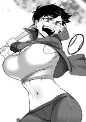  absurdres baseball baseball_bat black_hair breasts crop_top female freckles glasses greyscale highres jane_(nesz) large_breasts looking_at_object midriff monochrome nesz_r original short_hair smile solo swinging 