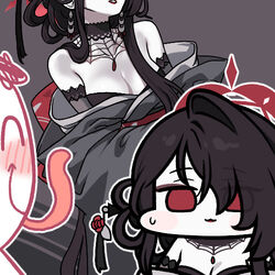  1boy ^_^ bare_shoulders black_gloves black_hair blue_archive blush breasts chibi choker cleavage closed_eyes doodle_sensei_(blue_archive) earrings elbow_gloves female gloves goth_fashion halo jazz_jack jewelry kokuriko_(blue_archive) lowres pale_skin red_eyes red_lips sensei_(blue_archive) smile sweatdrop tongue tongue_out 