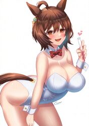  agnes_tachyon_(umamusume) ahoge animal_ears ass bad_id bad_pixiv_id bare_legs bow bowtie breasts brown_hair cowboy_shot crow_(crowatelier) empty_eyes female glaze_artifacts horse_ears horse_girl horse_tail leaning_forward leotard messy_hair nontraditional_playboy_bunny red_bow red_bowtie red_eyes short_hair simple_background smile solo tail test_tube umamusume white_background white_leotard 