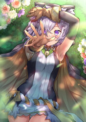  absurdres animal_ears armpits bare_shoulders bell black_cloak black_sleeves breasts brown_gloves cloak collared_dress commentary_request detached_sleeves dress female flower gloves grey_hair highres hood hoodie jingle_bell looking_at_viewer lying medium_breasts on_grass original purple_eyes short_dress sleeveless sleeveless_dress tenton_(henatyo) white_dress yellow_cloak 