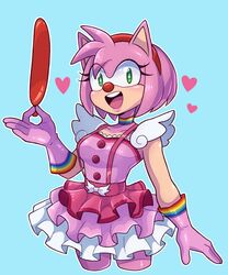  amy_rose artkett1412 bad_deviantart_id bad_id balloon blue_background clown_nose cosplay dress female frilled_dress frills geiru_toneido geiru_toneido_(cosplay) gloves green_eyes gyakuten_saiban hairband heart highres holding holding_balloon looking_at_viewer open_mouth phoenix_wright:_ace_attorney_-_spirit_of_justice pink_dress pink_gloves rainbow_bracelet rainbow_choker red_hairband simple_background solo sonic_(series) teeth upper_teeth_only 