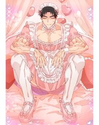  1boy alternate_costume apron bara bed bed_sheet black_hair blue_eyes bow crossdressing curtains domo_(domo_kizusuki) dress enmaided eyelashes frilled_apron frilled_dress frills full_body heart heart-shaped_pillow highres kokado_shido_(domo) large_pectorals maid maid_apron maid_headdress male_focus male_maid muscular muscular_male on_bed original pectorals pill pillow pink_background pink_curtains pink_footwear puffy_short_sleeves puffy_sleeves ribbon short_hair short_sleeves sideburns solo sparkle squatting sweatdrop thick_eyebrows thighhighs veins waist_apron white_apron white_thighhighs wrist_cuffs 