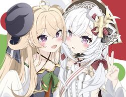  2girls ahoge attilio_regolo_(azur_lane) azur_lane black_dress black_ribbon blonde_hair blush bow breasts bright_pupils cleavage commentary criss-cross_halter cross cross_hair_ornament crossed_bangs dress flandre_(azur_lane) hair_between_eyes hair_ornament hair_ribbon hairbow halterneck heart heart-shaped_pupils heart_ahoge highres kikazesumomo long_hair mole mole_under_eye multiple_girls oerba_yun_fang pink_eyes red_bow ribbon sleeves_past_fingers sleeves_past_wrists small_breasts symbol-shaped_pupils upper_body v very_long_hair white_dress white_hair white_pupils 