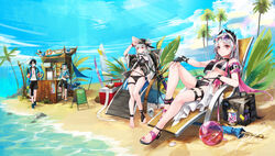  2boys 2girls absurdres alternate_costume arknights ball bare_shoulders beach black_gloves blue_sky chair gloves grey_eyes grey_hair highres irene_(arknights) long_hair looking_at_viewer lounge_chair lumen_(arknights) milktea_wegan mizuki_(arknights) multiple_boys multiple_girls sand sky specter_(arknights) swimsuit sword thighs water weapon 