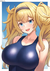  blonde_hair blue_eyes blue_one-piece_swimsuit blue_sky blush border breasts cloud cloudy_sky competition_swimsuit day female gambier_bay_(kancolle) gambier_bay_mk_ii_(kancolle) hair_between_eyes hairband highres kantai_collection large_breasts long_hair one-piece_swimsuit open_mouth shiromaru_(maniado) sky smile solo swimsuit teeth twintails upper_teeth_only white_border 