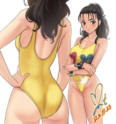  ass casual_one-piece_swimsuit chouriki_sentai_ohranger commentary_request commission dated female floral_print forehead highres long_hair looking_at_viewer multiple_views nijou_juri one-piece_swimsuit pixiv_commission ponytail signature standing super_sentai swimsuit watch wavy_hair wristwatch yellow_one-piece_swimsuit yoo_tenchi 