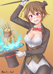  anti_(untea9) black_pantyhose breasts cane chains cuffs detached_collar exodia_the_forbidden_one female from_hat_trick hat hiei_(kancolle) highres holding holding_clothes holding_hat kantai_collection leotard leotard_under_clothes looking_at_viewer magic_trick magician mini_hat open_mouth pantyhose purple_eyes sack shackles short_hair solo tailcoat top_hat wand white_leotard yellow_background yu-gi-oh! yu-gi-oh!_duel_monsters 