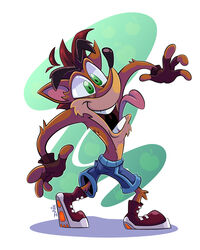  activision anthro bandicoot clothing crash_(series) crash_bandicoot fingerless_gloves footwear fur gloves green_eyes hair handwear hi_res male mammal marsupial open_mouth shoes signature simple_background solo sorprendante teeth 