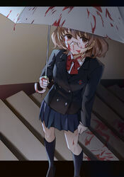  another black_jacket black_socks blazer blood blood_on_face blood_on_hands blood_on_leg blue_skirt brown_eyes brown_hair closed_mouth collared_shirt female glasses highres holding holding_umbrella jacket kuza_brs loafers looking_at_viewer pleated_skirt red_ribbon ribbon sakuragi_yukari school_uniform shirt shoes short_hair skirt smile socks solo spoilers stairs stairwell umbrella white_shirt yomiyama_north_junior_high_school_uniform 