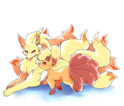  2023 4_toes 6_tails 9_tails ambiguous_gender canid canine cheek_tuft chest_tuft colored digital_media_(artwork) digitigrade dipstick_tail duo evolutionary_family facial_tuft feet feral fluffy fluffy_chest fluffy_tail full-length_portrait fur generation_1_pokemon glistening glistening_body glistening_fur glistening_tail head_tuft hi_res inner_ear_fluff kemono leg_markings looking_at_another lying mammal markings monotone_tail multi_tail multicolored_body multicolored_fur multicolored_tail ninetales nintendo no_sclera ohayou_milk on_front orange_body orange_ears orange_fur orange_tail orange_tail_tip parent_(lore) parent_and_child_(lore) pawpads pink_inner_ear pink_pawpads pokemon pokemon_(species) portrait pupils quadruped red_body red_eyes red_fur red_inner_ear red_pupils red_tail shaded side_view simple_background snout socks_(marking) standing tail tail_markings toes tuft two_tone_body two_tone_fur two_tone_tail vulpix white_background white_body white_fur yellow_body yellow_ears yellow_fur yellow_inner_ear_fluff yellow_tail 