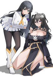  2girls absurdres azur_lane bare_legs bent_over black_dress black_hair black_pantyhose blue_hair blunt_ends blush boots breasts cleavage crossed_arms dress fubuki_(senran_kagura) green_eyes hair_between_eyes highres ikaruga_(senran_kagura) knee_boots kneeling large_breasts leaning_forward long_hair long_sleeves looking_at_viewer miniskirt multiple_girls neckerchief off-shoulder_dress off_shoulder pantyhose pelvic_curtain pleated_skirt purple_armband qing_wu school_uniform senran_kagura serafuku simple_background skirt smile straight_hair two_side_up veins veiny_breasts very_long_hair white_background white_footwear white_serafuku yellow_neckerchief 