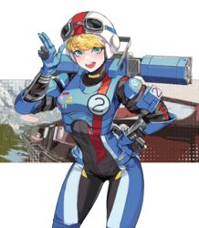  absurdres animification apex_legends armor black_bodysuit blonde_hair blue_bodysuit bodysuit breastplate chinese_commentary commentary_request female finger_gun goggles goggles_on_headwear hand_on_own_hip helmet highres looking_at_viewer official_alternate_costume open_mouth partial_commentary pope_(user_vuza2542) smile solo two-tone_bodysuit wattson_(apex_legends) white_headwear wired_for_speed_wattson world&#039;s_edge 