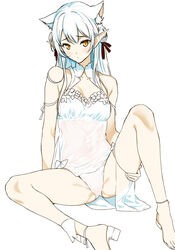  animal_ears camisole cat_ears cleavage_cutout closed_mouth clothing_cutout commentary crotch_seam elf extra_ears female hand_on_own_leg highres knee_up light_frown lingerie long_hair looking_at_viewer moonsorrow original panties pointy_ears sandals see-through simple_background sitting solo spread_legs underwear white_background white_camisole white_footwear white_hair white_panties yellow_eyes 