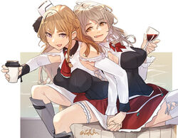  2girls alcohol blonde_hair blush braid breasts corset cup detached_sleeves disposable_coffee_cup disposable_cup drinking_glass french_braid fuwafuwatoufu grey_hair hair_between_eyes highres holding holding_cup kantai_collection large_breasts long_hair multiple_girls oerba_yun_fang open_mouth pola_(kancolle) purple_eyes red_skirt rudder_footwear shirt skirt thighhighs white_shirt white_thighhighs wine wine_glass yellow_eyes zara_(kancolle) 