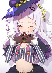  absurdres black_skirt blush breasts brown_gloves chain_hairband chains cleavage closed_eyes closed_mouth cropped_shirt female gloves grey_hair hair_bun hair_ornament hat highres hololive long_hair lunch_boxer murasaki_shion murasaki_shion_(1st_costume) navel purple_hat shirt short_eyebrows sidelocks single_hair_bun skirt small_breasts smile solo star_(symbol) star_hair_ornament striped_clothes striped_shirt teeth upper_teeth_only vertical-striped_clothes vertical-striped_shirt virtual_youtuber witch_hat 