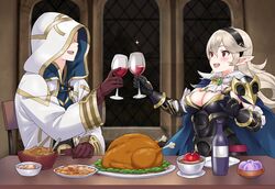  1boy apple black_hairband bottle breasts commission corrin_(female)_(fire_emblem) corrin_(female)_(nohr_noble)_(fire_emblem) corrin_(fire_emblem) couple cup detached_collar dinner drinking_glass english_commentary faceless faceless_male female fire_emblem fire_emblem_fates fire_emblem_heroes food fruit gelatin gold_trim grey_hair hairband highres hood hood_up hooded_robe igni_tion indoors kiran_(fire_emblem) kiran_(male)_(fire_emblem) large_breasts looking_at_another mashed_potatoes official_alternate_costume open_mouth pointy_ears red_eyes robe straight teeth thanksgiving toasting_(gesture) turkey_(food) upper_body upper_teeth_only white_robe wine_bottle wine_glass 