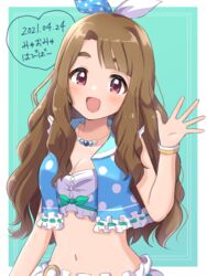  bandeau bare_shoulders blue_jacket blush border bow bracelet breasts brown_eyes brown_hair character_name cleavage collarbone crop_top cropped_jacket dot_nose female green_background hair_ribbon hairbow hand_up happy_birthday heart highres idolmaster idolmaster_million_live! idolmaster_million_live!_theater_days jacket jewelry kahiika long_hair looking_at_viewer medium_breasts midriff miyao_miya navel necklace open_clothes open_hand open_jacket open_mouth outside_border polka_dot polka_dot_jacket polka_dot_ribbon ribbon ribbon-trimmed_clothes ribbon_trim sleeveless sleeveless_jacket smile solo thick_eyebrows two-tone_ribbon upper_body white_bandeau white_border 