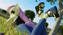  16:9 3d_(artwork) 4k 5_toes absurd_res anthro bottomwear clothing crossed_ankles denim denim_bottomwear denim_clothing digital_media_(artwork) equid equine feet female fluttershy_(mlp) footwear friendship_is_magic hasbro hi_res high_heels humanoid_feet jeans looking_back lying mammal my_little_pony mythological_creature mythological_equine mythology on_front pants pegasus plantigrade shadowboltsfm shirt solo spiked_clothing spiked_footwear spikes toes topwear wedge_(footwear) wedge_sandals widescreen wings 