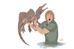  ambiguous_gender blonde_hair caught claws dinosaur dorsal_ridge duo extinct feral hair hodarinundu holding_another human male mammal markings open_mouth partially_submerged prehistoric_species reptile scalie simple_background spinosaurid spinosaurus steve_irwin striped_body striped_markings stripes theropod white_background 