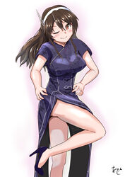  adapted_costume akashieru alternate_costume artist_logo ashigara_(kancolle) ashigara_kai_ni_(kancolle) brown_eyes brown_hair china_dress chinese_clothes dress female hairband high_heels highres kantai_collection long_hair one_eye_closed purple_dress purple_footwear side_slit signature simple_background solo standing standing_on_one_leg wavy_hair white_background 