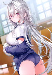  absurdres ahoge ass ball basketball_hoop blue_buruma blue_jacket blurry blurry_background blush breasts buruma closed_mouth depth_of_field female grey_hair gym_uniform hair_between_eyes highres holding holding_ball indoors jacket kamioka_shun&#039;ya large_breasts long_sleeves looking_at_viewer looking_back non-web_source off_shoulder open_clothes open_jacket original pointy_ears puffy_long_sleeves puffy_sleeves purple_eyes shiori_(kamioka_shun&#039;ya) shirt short_sleeves sleeves_past_wrists solo sunlight sweat volleyball volleyball_(object) white_shirt window 