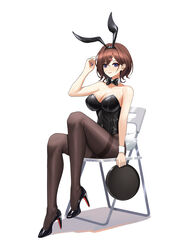  absurdres animal_ears bare_shoulders black_footwear black_leotard black_pantyhose blue_nails bow bowtie breasts brown_hair chair cleavage commentary_request detached_collar fake_animal_ears fake_tail female fingernails folding_chair full_body hair_ornament hairclip high_heels highres higuchi_madoka holding holding_tray idolmaster idolmaster_shiny_colors large_breasts leotard light_blush looking_at_viewer mole mole_under_eye nail_polish nanqizizhou on_chair pantyhose playboy_bunny purple_eyes rabbit_ears rabbit_tail short_hair simple_background single_wrist_cuff sitting smile solo strapless strapless_leotard tail thighband_pantyhose tray white_background white_wrist_cuffs wrist_cuffs 