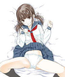  bed_sheet black_socks blue_sailor_collar blue_skirt bra brown_eyes brown_hair clothes_lift commentary female from_above head_tilt highres lifting_own_clothes long_sleeves looking_at_viewer low_twintails lying medium_hair moonsorrow navel neckerchief on_back on_bed original outstretched_arms panties parted_lips pleated_skirt red_neckerchief sailor_collar school_uniform serafuku shirt shirt_lift skirt skirt_lift socks solo spread_arms twintails underwear white_bra white_panties white_shirt 