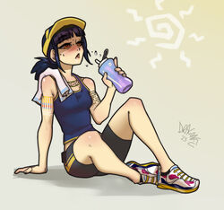  arm_support baseball_cap bike_shorts black_hair black_shorts blue_tank_top bottle commentary commission crop_top dated dragonfu english_commentary female full_body gradient_background hat holding holding_bottle kate_mikolajczyk_(silverfox442) knee_up midriff open_mouth original pokemon ponytail shadow shoes shorts sidelocks signature simple_background sitting sneakers solo sportswear sun sweat tank_top tattoo yellow_eyes yellow_hat 