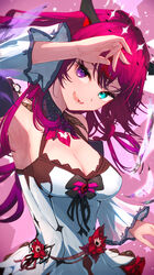  armpits blue_eyes breasts brooch cleavage cleavage_cutout clothing_cutout commentary cowboy_shot detached_sleeves dress dress_flower english_commentary eyelashes fangs female flower getto halo hand_up heart heart_brooch heterochromia highres hololive hololive_english horns irys_(hololive) irys_(irys_2.0)_(hololive) jewelry looking_at_viewer medium_breasts open_mouth pointy_ears purple_eyes purple_hair red_flower red_hair short_dress sleeveless sleeveless_dress solo virtual_youtuber white_sleeves 