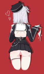  absurdres ass azur_lane black_dress black_headwear black_skirt censored chains commentary cropped_legs dress female from_behind gloves hair_bun hands_up heart heart_censor highres holding holding_clothes holding_panties holding_underwear jade_(azur_lane) londom_(lonhomewell) miniskirt no_panties panties pleated_skirt red_background short_hair simple_background skirt solo thigh_strap tilted_headwear underwear unworn_panties white_gloves white_hair white_panties 