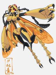  7shiomaneki53 antennae arthropod_girl black_sclera black_skin breasts carapace claws colored_sclera colored_skin commission expressionless extra_arms female full_body grey_background highres insect_wings medium_breasts monster_girl multicolored_skin narrow_waist original oversized_forearms oversized_limbs red_eyes skeb_commission solo two-tone_skin wasp_girl wings yellow_skin 