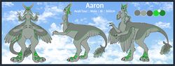  2023 3_fingers 3_toes 4_ears 6_limbs aaron_(avali) absurd_res avali avali_taur avian avian_taur biped biped_taur blue_border border character_name claws cloud color_swatch digital_drawing_(artwork) digital_media_(artwork) digitigrade english_text feather_tuft feathered_wings feathers featureless_crotch feet fingers flat_colors front_view gender_name green_body green_eyes green_feathers green_scutes grey_body grey_claws grey_feathers grey_head grey_pawpads grey_sclera grey_wings height hi_res information long_ears long_neck male male_(lore) male_taur measurements model_sheet multi_ear nude nude_male nude_taur outline pawpads portrait scutes side_view sky sky_background skyscape small_upper_body solo species_name standing stated_bisexuality stated_sexuality tail taur taurification taurified text thecatherd three-quarter_view toes tuft white_outline winged_arms wings 