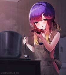  apron blonde_hair blurry blurry_foreground blush brown_apron cabinet commentary_request cooking_pot dress female gradient_hair hair_ornament hairclip highres holding holding_ladle holding_plate indoors kantai_collection kitchen ladle long_hair mole mole_under_eye multicolored_hair naked_apron open_mouth plate purple_hair red_hair sidelocks simple_background solo steam tasting_plate tsushima_(kancolle) twitter_username unidentified_nk upper_body white_dress yellow_eyes 