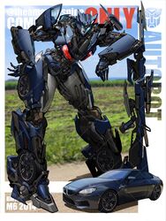  autobot black_lips blue_eyes bmw bmw_m6 breasts car cleavage commission female gun hand_on_own_hip highres kamitoge_supino leaning_forward looking_at_viewer mecha motor_vehicle original rifle robot science_fiction sniper_rifle solo transformers vehicle_name watermark weapon 