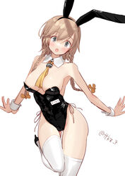  alternate_costume between_breasts black_footwear braid breasts commentary_request detached_collar female grey_eyes hair_ornament high_heels highres kantai_collection light_brown_hair medium_breasts necktie necktie_between_breasts one-hour_drawing_challenge playboy_bunny propeller_hair_ornament simple_background solo standing standing_on_one_leg teruzuki_(kancolle) tetsukuzu_(yajirushi_shita) thighhighs twin_braids twitter_username white_thighhighs wrist_cuffs 