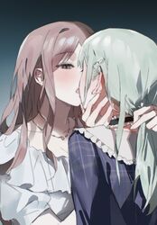  2girls bang_dream! bang_dream!_it&#039;s_mygo!!!!! blonde_hair blue_eyes blue_shirt blush brown_hair chinese_commentary choker commentary ear_blush frilled_shirt_collar frills grabbing_another&#039;s_hair gradient_background hair_ornament hairclip hand_on_another&#039;s_face highres imminent_kiss jewelry long_hair looking_at_another multiple_girls nagasaki_soyo necklace open_mouth parted_bangs plaid plaid_shirt qing_yan_xia ribbon-trimmed_collar ribbon_trim shirt sidelocks wakaba_mutsumi white_shirt yuri 