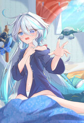  absurdres blubberbeast_(genshin_impact) blue_eyes blue_hair blue_hat blue_pajamas blush collarbone colored_tips cowlick drop-shaped_pupils embarrassed eyes_visible_through_hair female flat_chest furina_(genshin_impact) genshin_impact grey_hair hair_between_eyes hat hat_stand heterochromia highres indoors kosame_no_yui light_blue_hair long_hair messy_hair mismatched_pupils multicolored_hair navel no_pants on_bed open_mouth pajamas panties reaching reaching_towards_viewer shirt_hold sidelocks signature single_off_shoulder sitting solo stuffed_toy symbol-shaped_pupils top_hat unbuttoned unbuttoned_shirt underwear wariza white_panties window 