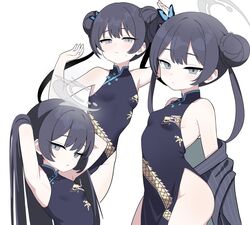  adjusting_hair armpits arms_up black_dress black_hair blue_archive braid braided_bun breasts butterfly_hair_ornament china_dress chinese_clothes closed_mouth coat double_bun dragon_print dress female grey_coat grey_eyes hair_between_eyes hair_bun hair_down hair_ornament halo highres kisaki_(blue_archive) long_hair looking_at_viewer parted_lips qusouzu_mogari short_dress sidelocks sleeveless sleeveless_dress small_breasts upper_body 