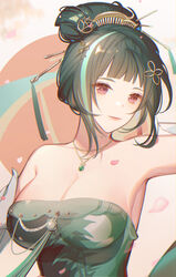  armpit_peek bamboo_print bare_shoulders blunt_bangs breasts chinese_commentary chinese_hairpin cleavage commentary detached_sleeves dress falling_petals female floral_print_dress green_hair hair_ornament hair_stick hairclip hand_out_of_frame hanying:_zitherwoe_(punishing:_gray_raven) hanying_(punishing:_gray_raven) highres jade_(gemstone) jewelry large_breasts lips looking_at_viewer mole mole_under_eye multicolored_hair necklace petal_on_body petals pink_petals punishing:_gray_raven purple_eyes solo strapless strapless_dress streaked_hair sucui_jiaxinyun tassel updo upper_body 