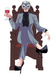  absurdres alcohol black_footwear black_sweater blood blood_splatter breasts brown_hair crossed_legs cup drinking_glass female grey_jacket grey_pants gundam gundam_suisei_no_majo high_heels highres holding holding_cup jacket looking_at_viewer mask matsuri1128 medium_breasts open_hand pants parted_lips pink_lips prospera_mercury simple_background sitting smile solo straight-on sweater turtleneck turtleneck_sweater wine wine_glass 