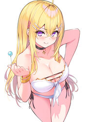  :q bent_over bikini black_choker blonde_hair breasts candy choker cleavage closed_mouth collarbone commentary_request cu-no female food front-tie_bikini_top front-tie_top hakurei_botan highres hisen_kaede holding holding_candy holding_food holding_lollipop large_breasts leaning_forward lollipop long_hair looking_at_viewer purple_eyes side-tie_bikini_bottom simple_background smile solo strapless strapless_bikini string_bikini swimsuit thigh_gap tongue tongue_out white_background white_bikini 