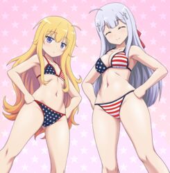  2girls american_flag american_flag_bikini american_flag_print bikini blonde_hair blue_eyes breasts closed_eyes closed_mouth commentary commentary_request commission cross_hair_ornament flag_print flat_chest gabriel_dropout gabriel_tenma_white grey_hair hair_ornament hair_ribbon hands_on_own_hips light_frown long_hair looking_at_viewer medium_breasts multiple_girls navel partial_commentary pixiv_commission print_bikini purple_background raphiel_shiraha_ainsworth red_ribbon ribbon smile starry_background string_bikini swimsuit very_long_hair vierosky 