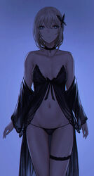  an-94_(girls&#039;_frontline) bare_shoulders black_choker black_panties blue_background blue_eyes breasts butterfly_hair_ornament chinese_commentary choker cleavage collarbone commentary_request cowboy_shot female girls&#039;_frontline grey_hair hair_ornament highres looking_at_viewer medium_breasts navel off_shoulder panties parted_lips selcky simple_background solo thigh_gap thigh_strap thighs underwear 