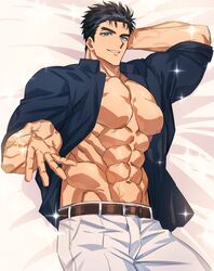  1boy abs arm_behind_back bara bare_pectorals beckoning bed belt black_hair blue_eyes blue_shirt brown_belt dakimakura_(medium) domo_(domo_kizusuki) eyelashes highres kokado_shido_(domo) large_pectorals looking_at_viewer lying male_focus muscular muscular_male navel nipples on_back on_bed open_clothes open_shirt original pants pectorals shirt short_hair shredded_muscles sideburns smile solo sparkle thick_eyebrows unbuttoned unbuttoned_shirt veins white_pants 