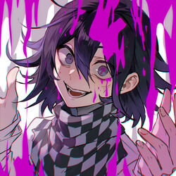  1boy :d ? black_hair blood blood_on_face checkered_clothes checkered_scarf crazy_smile danganronpa_(series) danganronpa_v3:_killing_harmony fangs flipped_hair grey_background hair_between_eyes hands_up highres long_sleeves looking_at_viewer male_focus medium_hair nanin oma_kokichi pink_blood purple_eyes purple_hair question_mark_in_eye scarf smile solo teeth tongue white_background wide-eyed 