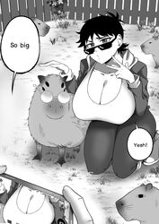  absurdres animal black_hair breasts capybara english_text female fence glasses greyscale highres jacket jane_(nesz) kneeling large_breasts monochrome nesz_r on_grass original posing shirt short_hair taking_picture 