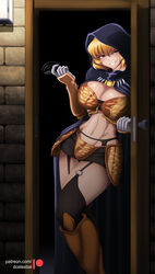  absurdres afterimage armor bandeau beckoning black_bandeau black_cloak black_panties black_thighhighs blonde_hair blush breasts brick_wall brown_armor cleavage clementine_(overlord) cloak daniel_celestino doorknob doorway english_commentary feet_out_of_frame female garter_belt gauntlets greaves grin hair_between_eyes highres hood hooded_cloak large_breasts looking_at_viewer motion_lines navel o-ring o-ring_legwear open_door overlord_(maruyama) panties patreon_logo patreon_username red_eyes seductive_smile short_hair smile solo standing stomach thighhighs underwear wall_lamp web_address 