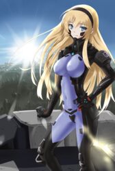  black_hairband blue_eyes breasts covered_navel female forest fortified_suit hair_behind_ear hairband hand_on_own_hip highres irisdina_bernhard long_hair looking_at_viewer medium_breasts muv-luv muv-luv_alternative nature pilot_suit schwarzesmarken skin_tight sky smile solo sunlight tsutarou very_long_hair 