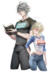  1boy absurdres alhaitham_(genshin_impact) alternate_costume black_pants black_shirt blonde_hair book breasts closed_mouth cosplay crop_top cropped_legs eyelashes female flower genshin_impact gloves green_eyes grey_hair hair_between_eyes hair_flower hair_ornament height_difference highres holding holding_book lumine_(genshin_impact) medium_breasts midriff multicolored_shirt navel open_book pants partially_fingerless_gloves pottsness shirt short_hair_with_long_locks simple_background sugoi_dekai t-shirt uzaki-chan_wa_asobitai! uzaki_hana uzaki_hana_(cosplay) yellow_eyes 