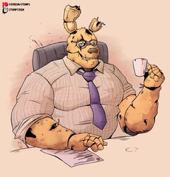  2023 animatronic anthro big_muscles chair clothed clothing coffee_mug desk dress_shirt eyewear five_nights_at_freddy&#039;s five_nights_at_freddy&#039;s_(film) five_nights_at_freddy&#039;s_3 furniture glasses hi_res holding_object lagomorph leporid looking_at_viewer machine male mammal matthew_lillard muscular muscular_anthro muscular_male necktie notched_ear paper patreon pecs pink_background rabbit robot scottgames shirt simple_background sitting smile solo springtrap_(fnaf) stompsyeen table teeth text topwear twitch.tv url william_afton_(fnaf) wire 